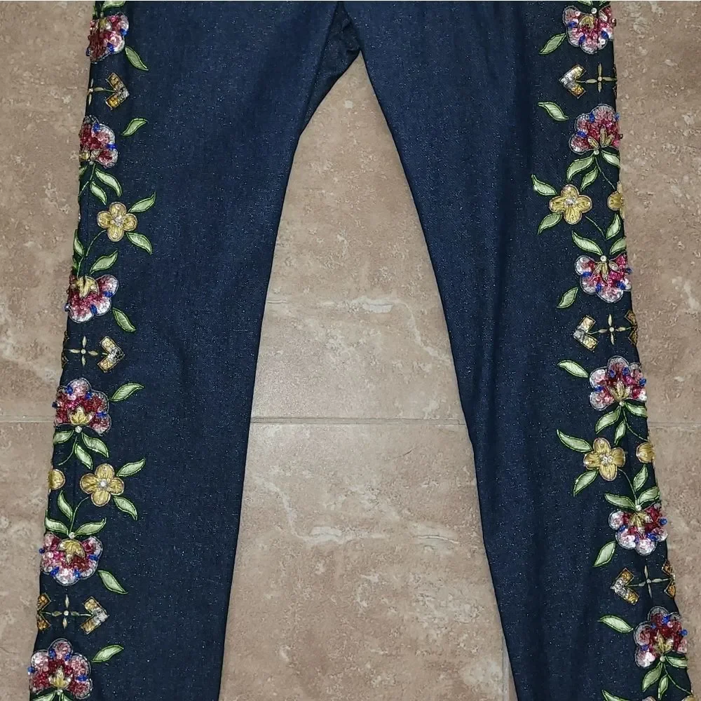 2002 Christian Dior VTG Blue Metallic Denim Pants w/Floral Embellishments - sz 8 - Picture 6 of 14